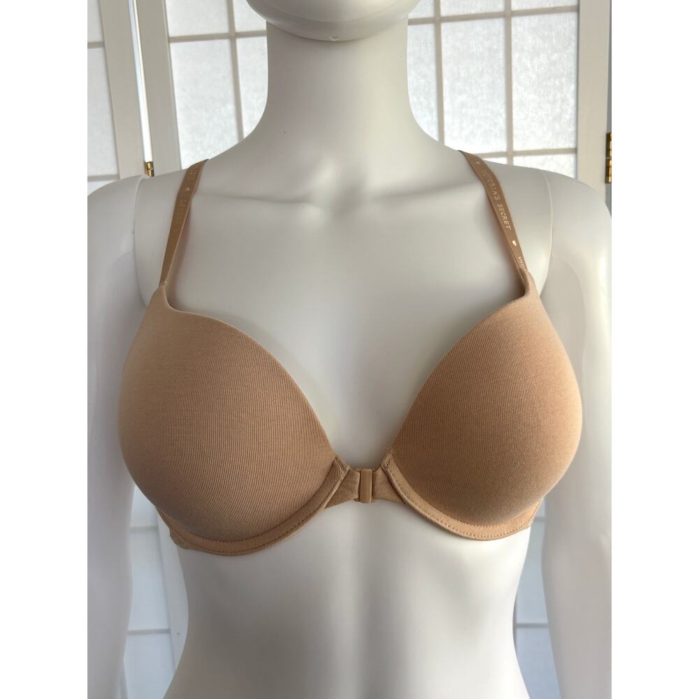 Victoria’s Secret 34D Push Up Bra Nude Beige Front Close Lace Racerback